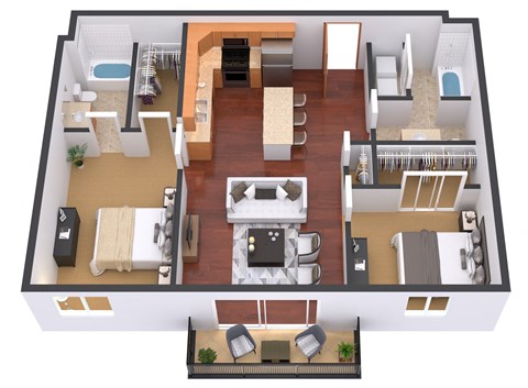 Floor plan for 2 beds, 2 baths, 989 sqft
